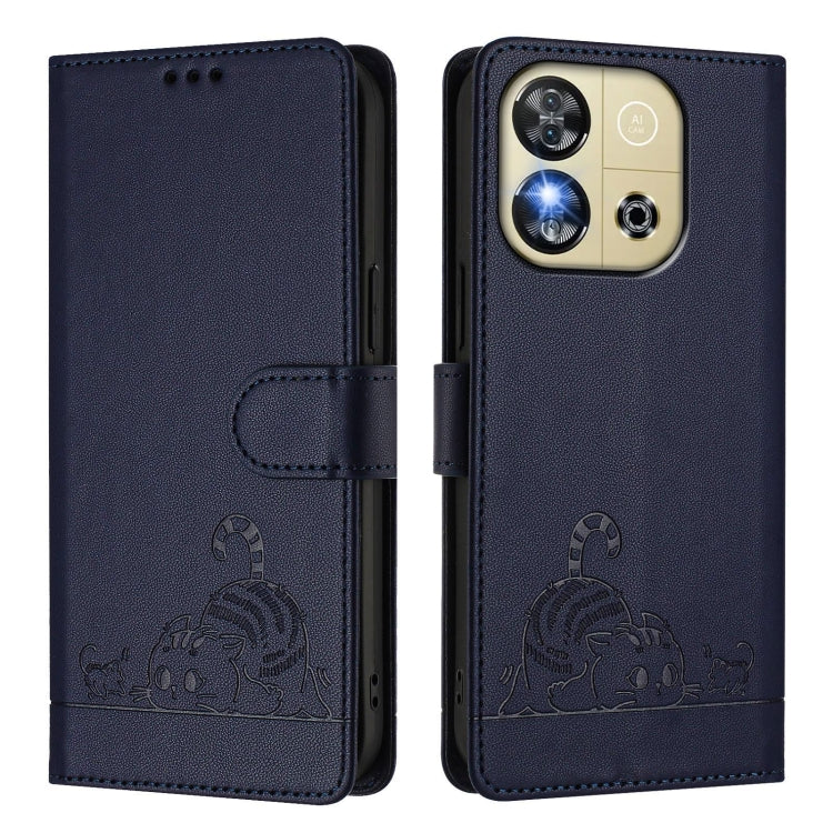 For Oukitel C57s Cat Rat Embossed Pattern RFID Leather Phone Case with Lanyard