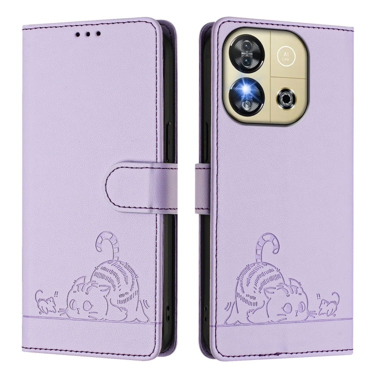 For Oukitel C57s Cat Rat Embossed Pattern RFID Leather Phone Case with Lanyard