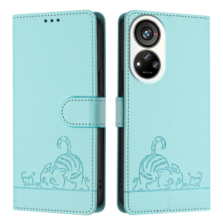 For ZTE Blade V40s Cat Rat Embossed Pattern RFID Leather Phone Case with Lanyard