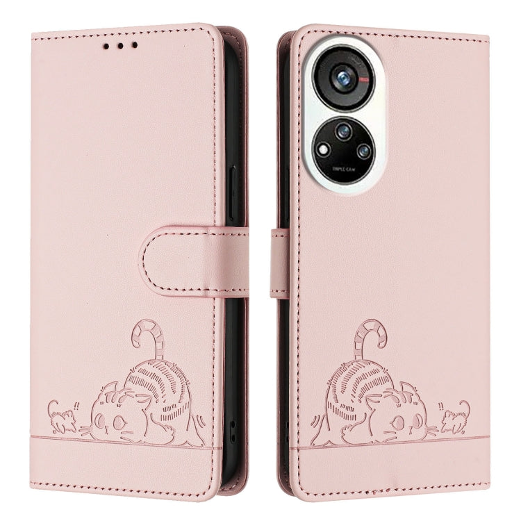 For ZTE Blade V40s Cat Rat Embossed Pattern RFID Leather Phone Case with Lanyard