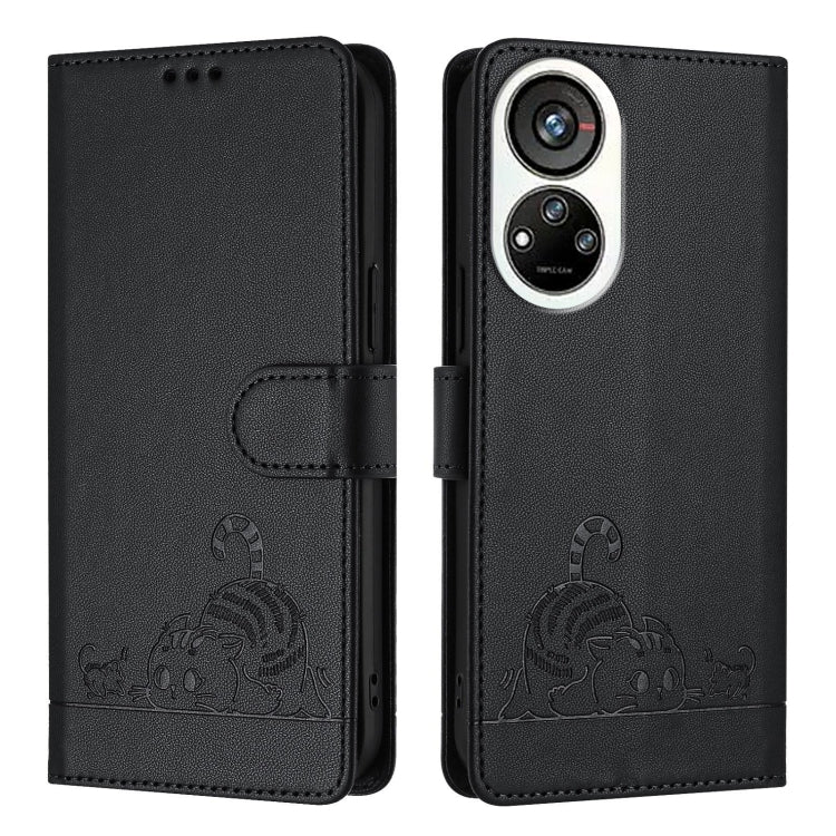 For ZTE Blade V40s Cat Rat Embossed Pattern RFID Leather Phone Case with Lanyard