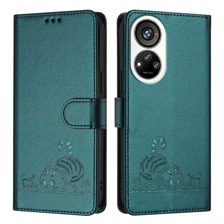 For ZTE Blade V40s Cat Rat Embossed Pattern RFID Leather Phone Case with Lanyard