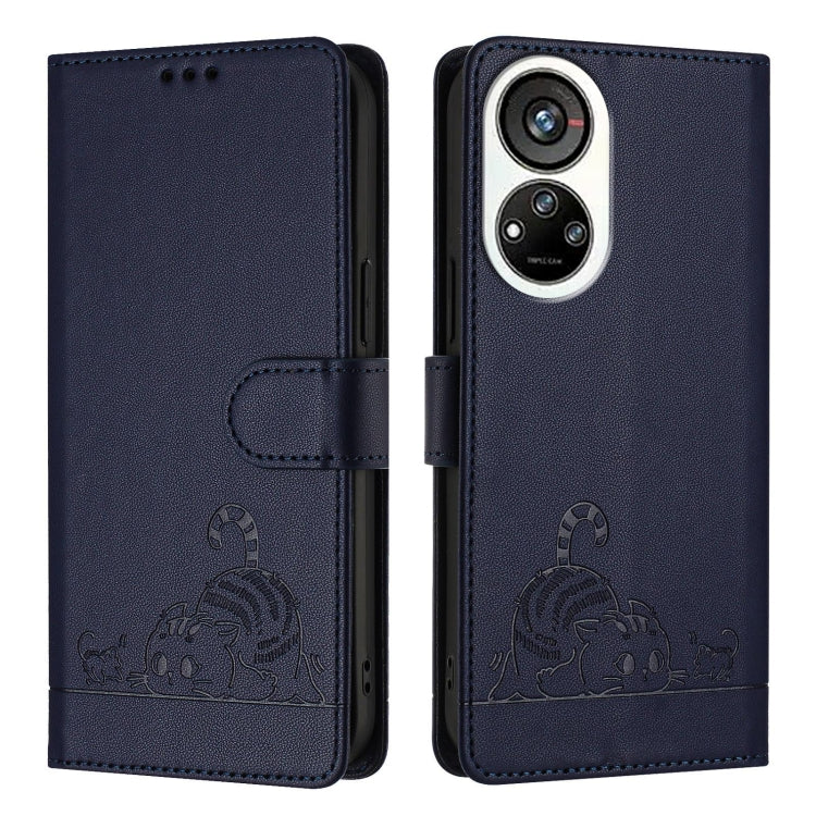 For ZTE Blade V40s Cat Rat Embossed Pattern RFID Leather Phone Case with Lanyard