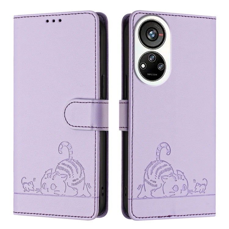 For ZTE Blade V40s Cat Rat Embossed Pattern RFID Leather Phone Case with Lanyard