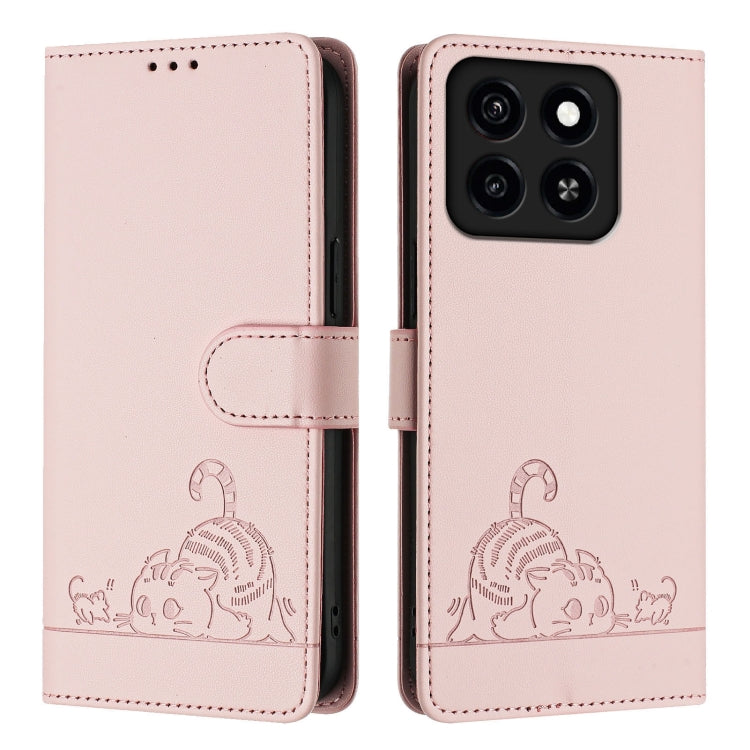 For ZTE Blade A35 / A55 Cat Rat Embossed Pattern RFID Leather Phone Case with Lanyard