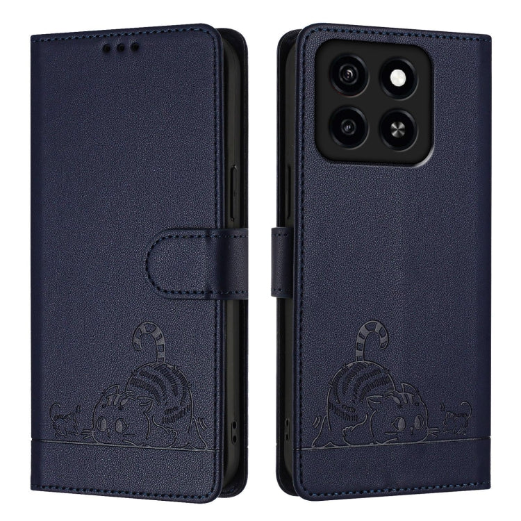 For ZTE Blade A35 / A55 Cat Rat Embossed Pattern RFID Leather Phone Case with Lanyard