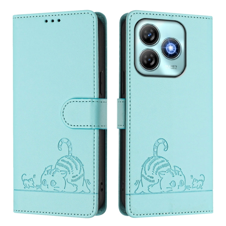 For ZTE Blade A75 4G Cat Rat Embossed Pattern RFID Leather Phone Case with Lanyard
