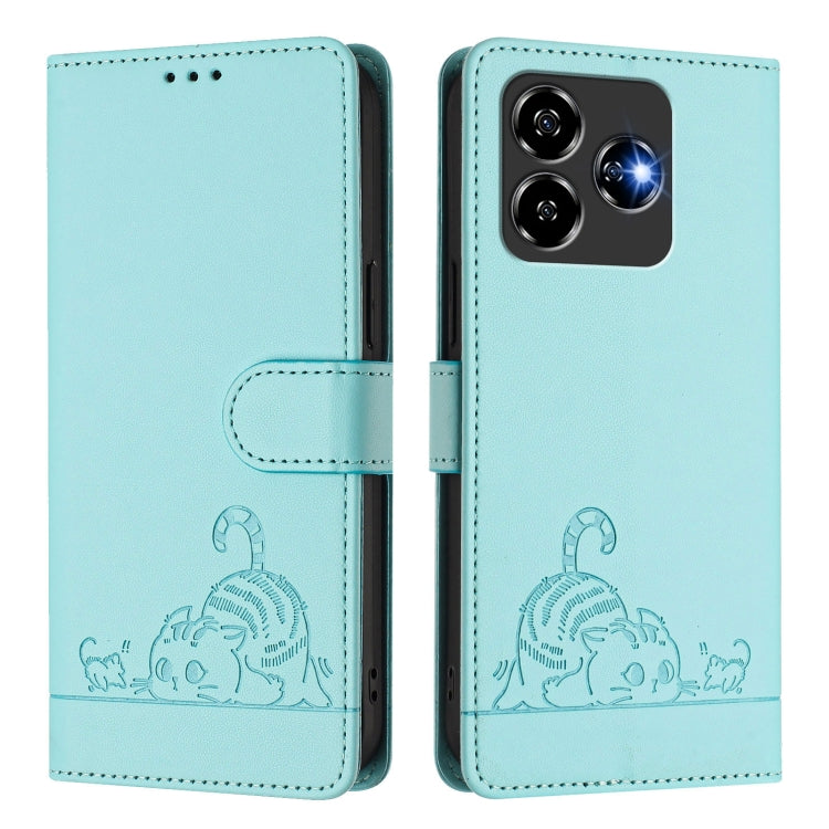 For ZTE Blade V60 Design Cat Rat Embossed Pattern RFID Leather Phone Case with Lanyard
