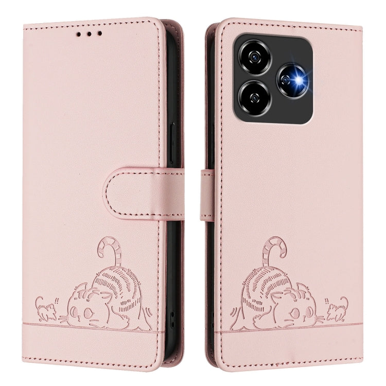 For ZTE Blade V60 Design Cat Rat Embossed Pattern RFID Leather Phone Case with Lanyard