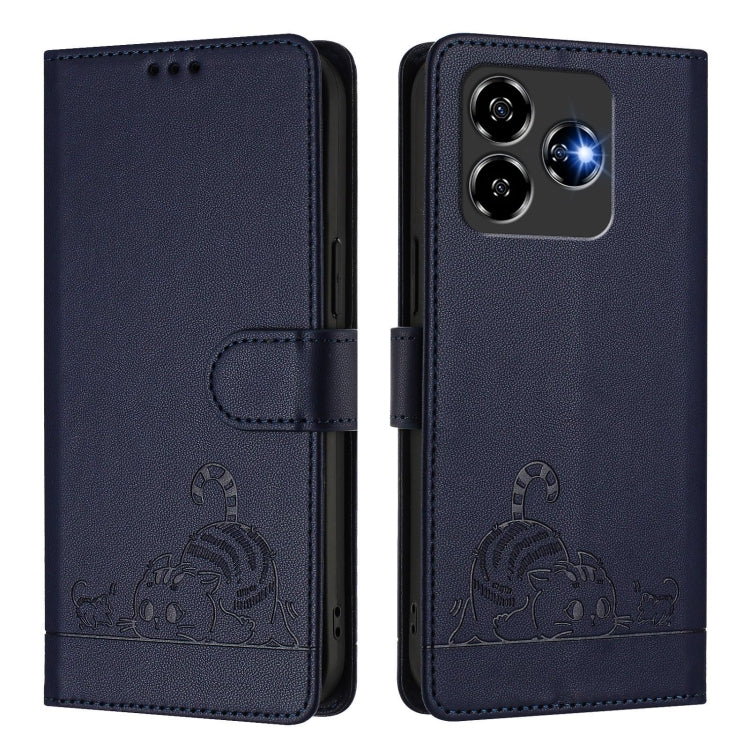 For ZTE Blade V60 Design Cat Rat Embossed Pattern RFID Leather Phone Case with Lanyard