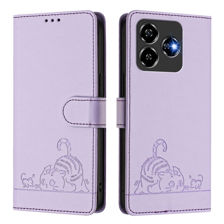 For ZTE Blade V60 Design Cat Rat Embossed Pattern RFID Leather Phone Case with Lanyard