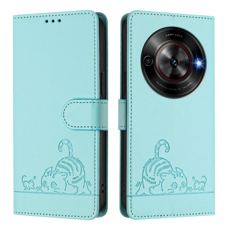 For ZTE Blade A75 5G Cat Rat Embossed Pattern RFID Leather Phone Case with Lanyard