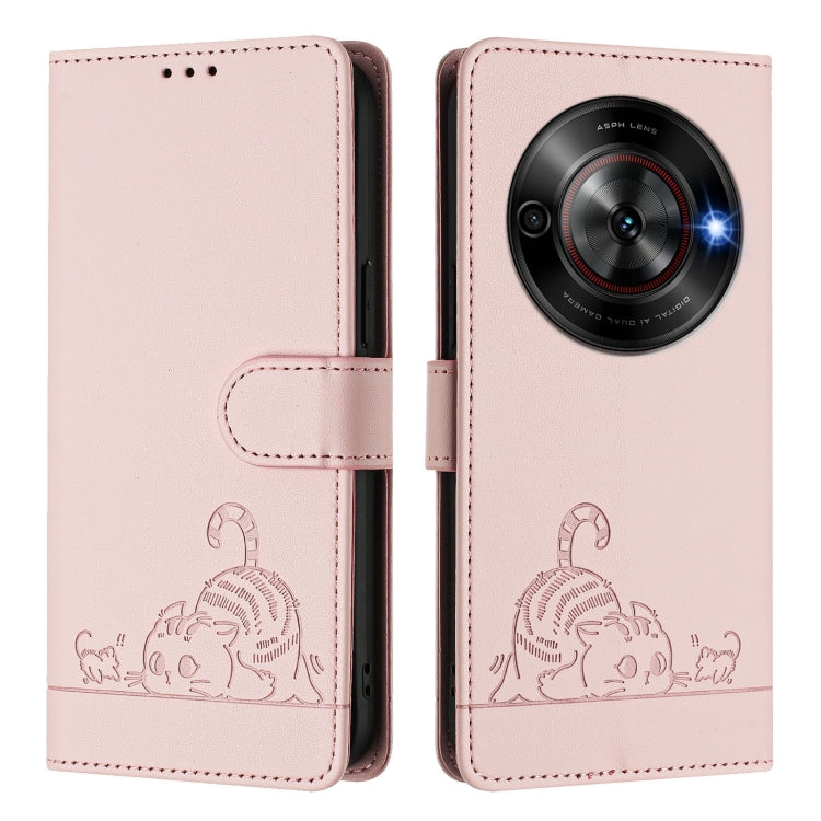 For ZTE Blade A75 5G Cat Rat Embossed Pattern RFID Leather Phone Case with Lanyard