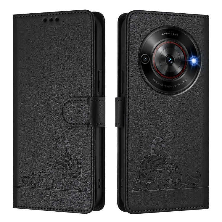 For ZTE Blade A75 5G Cat Rat Embossed Pattern RFID Leather Phone Case with Lanyard