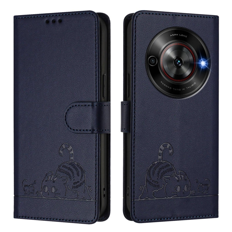 For ZTE Blade A75 5G Cat Rat Embossed Pattern RFID Leather Phone Case with Lanyard