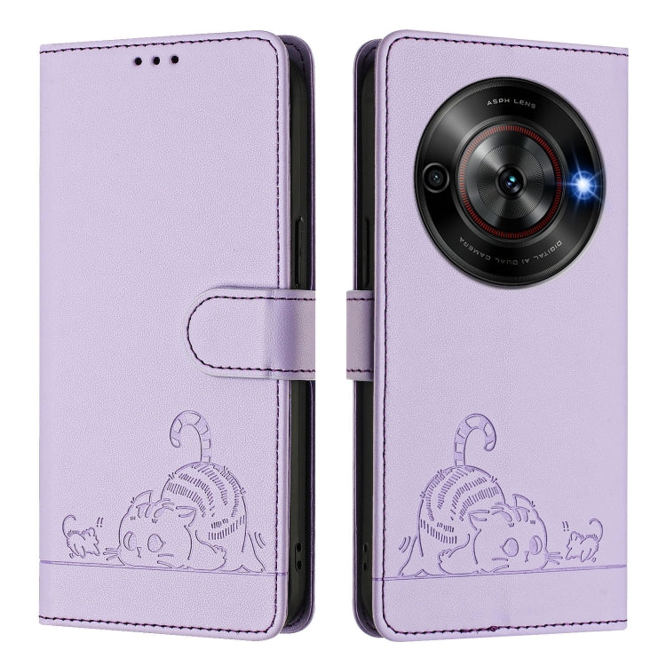 For ZTE Blade A75 5G Cat Rat Embossed Pattern RFID Leather Phone Case with Lanyard