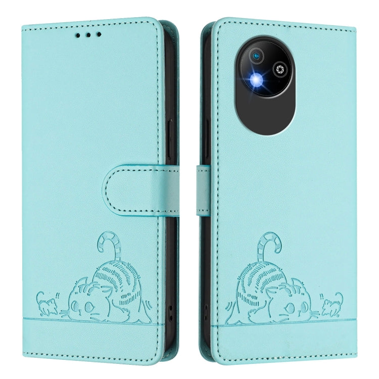 For ZTE Blade A35 Lite Cat Rat Embossed Pattern RFID Leather Phone Case with Lanyard