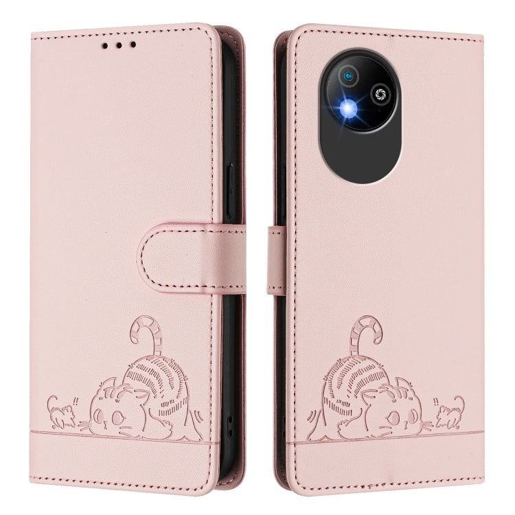 For ZTE Blade A35 Lite Cat Rat Embossed Pattern RFID Leather Phone Case with Lanyard
