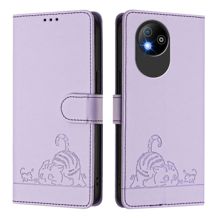 For ZTE Blade A35 Lite Cat Rat Embossed Pattern RFID Leather Phone Case with Lanyard