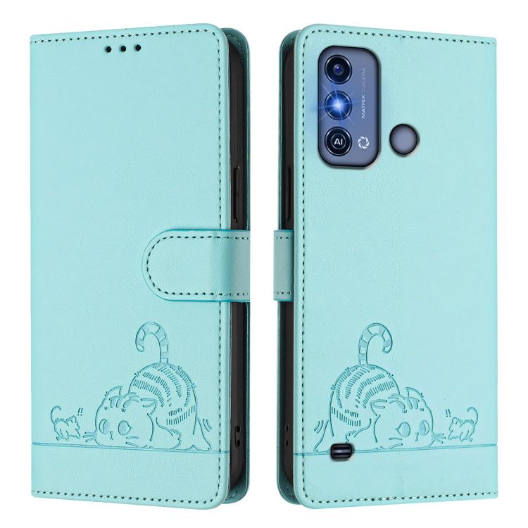 For ZTE Blade A53 Pro Cat Rat Embossed Pattern RFID Leather Phone Case with Lanyard