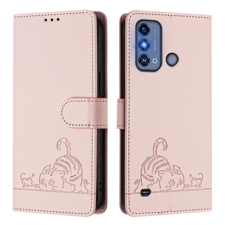 For ZTE Blade A53 Pro Cat Rat Embossed Pattern RFID Leather Phone Case with Lanyard