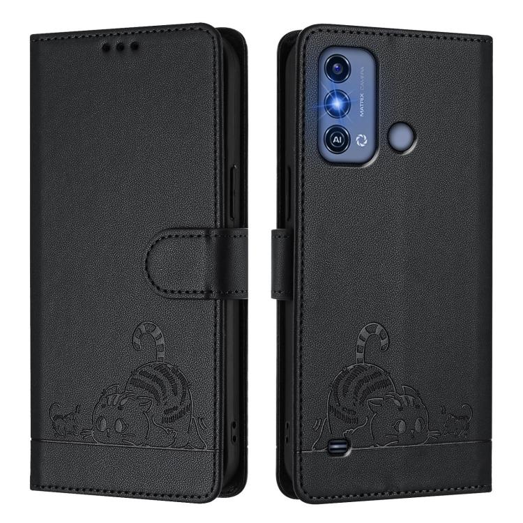 For ZTE Blade A53 Pro Cat Rat Embossed Pattern RFID Leather Phone Case with Lanyard