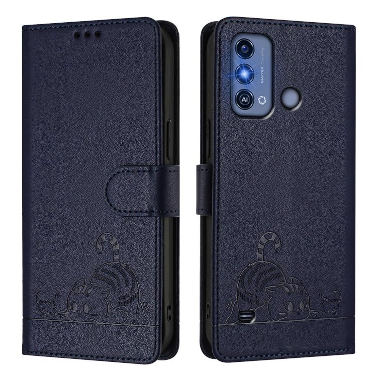 For ZTE Blade A53 Pro Cat Rat Embossed Pattern RFID Leather Phone Case with Lanyard