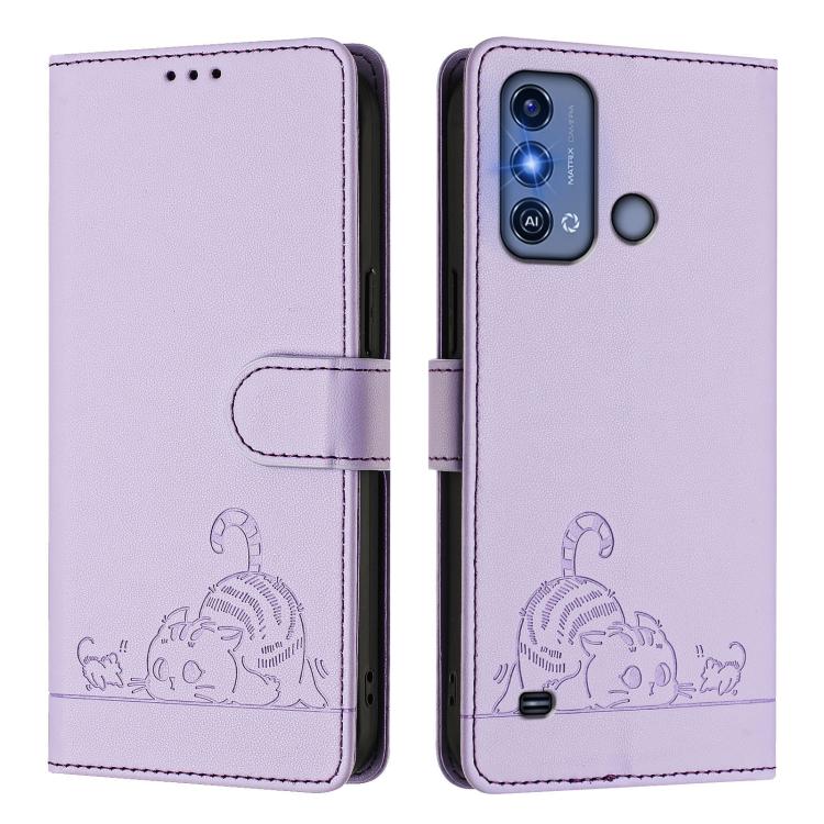 For ZTE Blade A53 Pro Cat Rat Embossed Pattern RFID Leather Phone Case with Lanyard