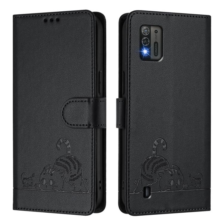 For ZTE Blade A52 Lite Cat Rat Embossed Pattern RFID Leather Phone Case with Lanyard