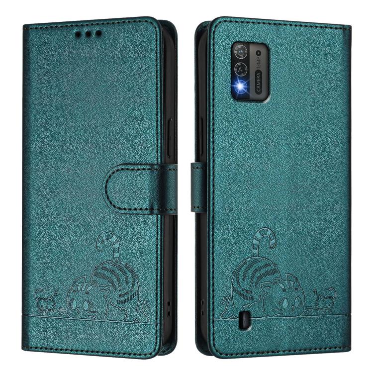 For ZTE Blade A52 Lite Cat Rat Embossed Pattern RFID Leather Phone Case with Lanyard