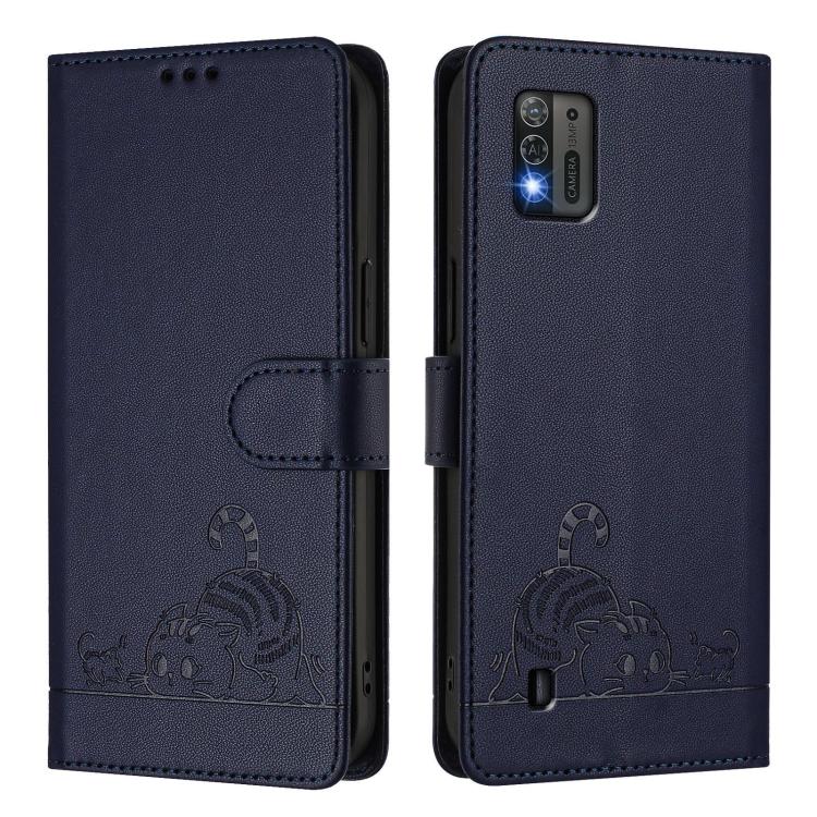 For ZTE Blade A52 Lite Cat Rat Embossed Pattern RFID Leather Phone Case with Lanyard