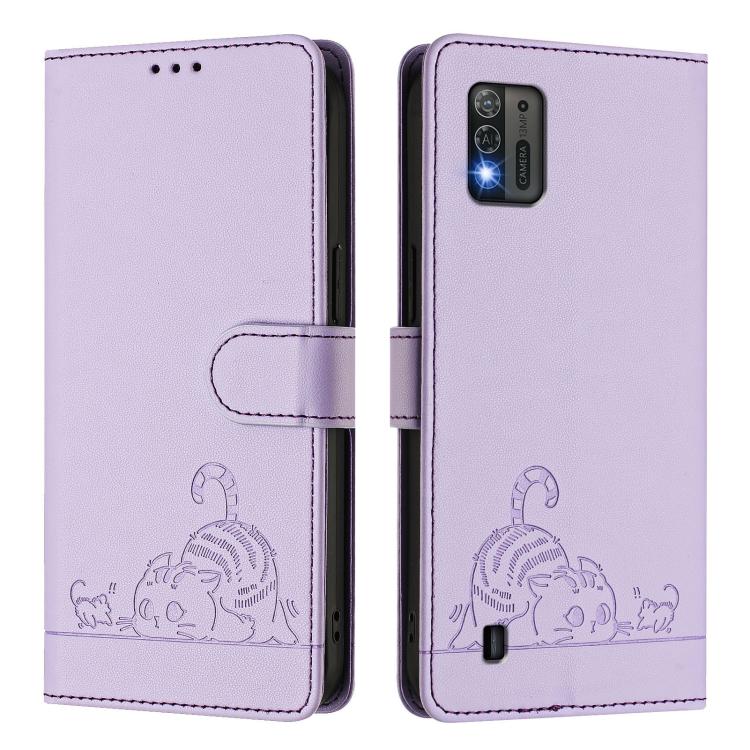 For ZTE Blade A52 Lite Cat Rat Embossed Pattern RFID Leather Phone Case with Lanyard