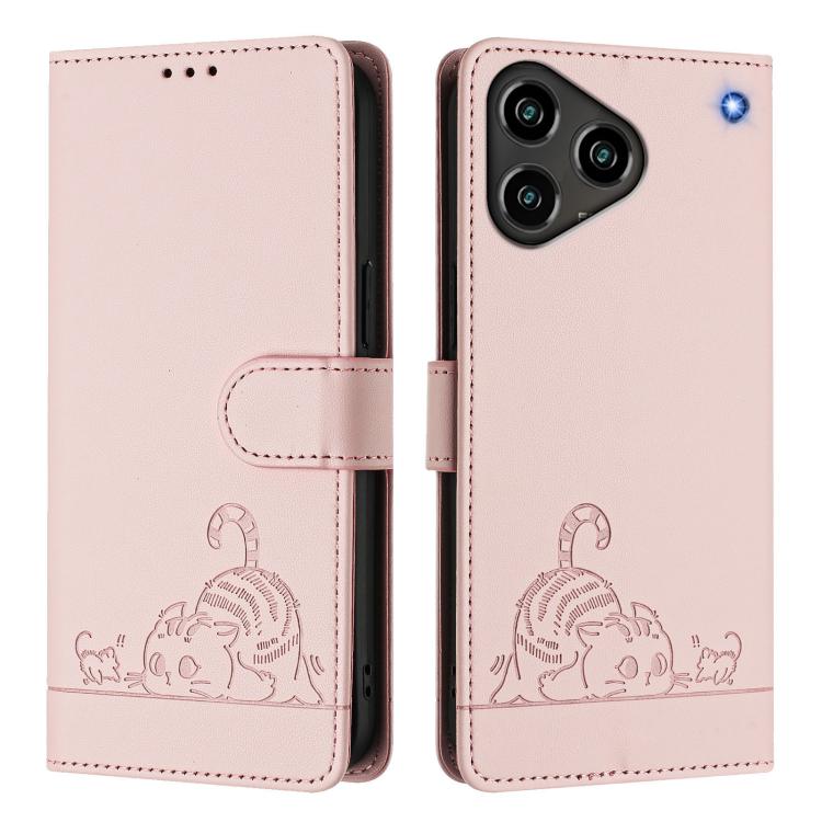 For ZTE Blade A76 4G Cat Rat Embossed Pattern RFID Leather Phone Case with Lanyard