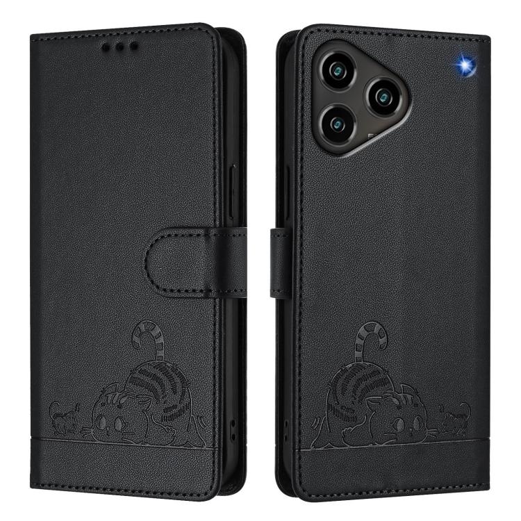 For ZTE Blade A76 4G Cat Rat Embossed Pattern RFID Leather Phone Case with Lanyard
