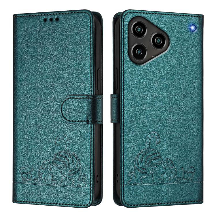 For ZTE Blade A76 4G Cat Rat Embossed Pattern RFID Leather Phone Case with Lanyard