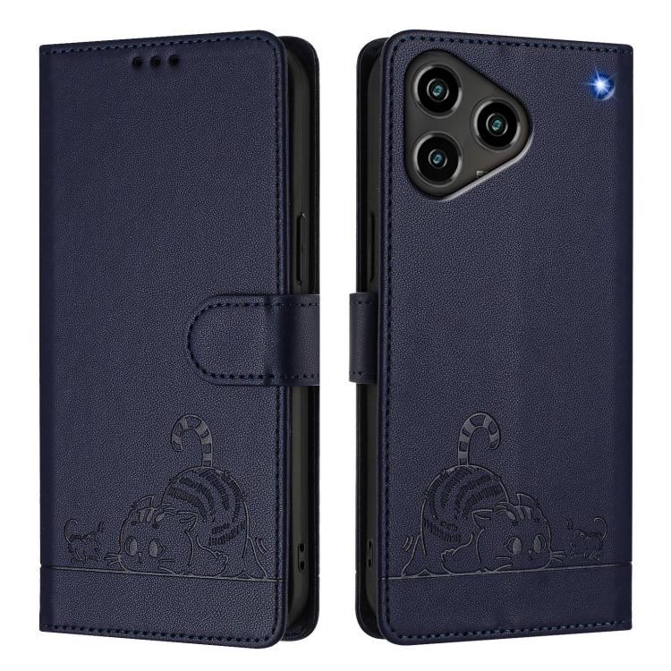 For ZTE Blade A76 4G Cat Rat Embossed Pattern RFID Leather Phone Case with Lanyard