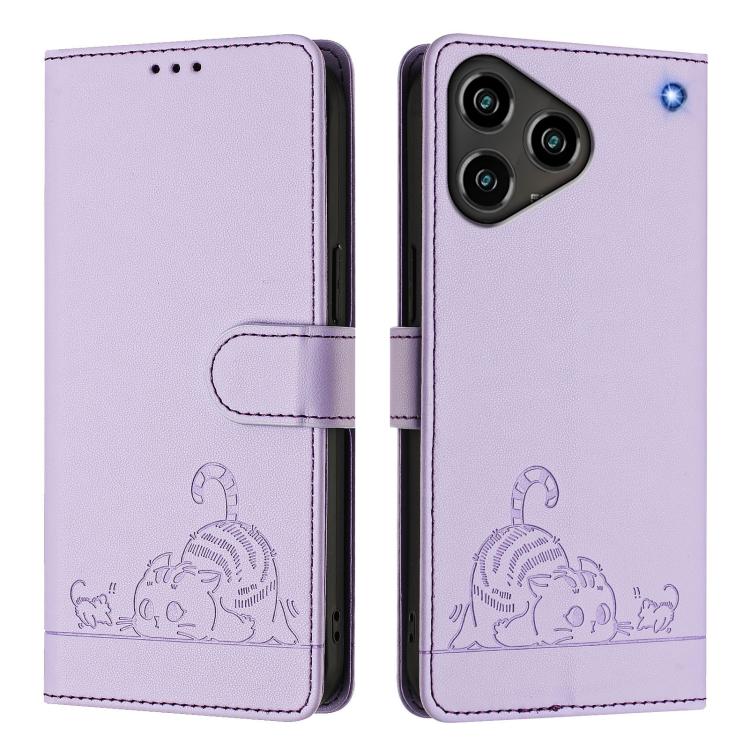 For ZTE Blade A76 4G Cat Rat Embossed Pattern RFID Leather Phone Case with Lanyard