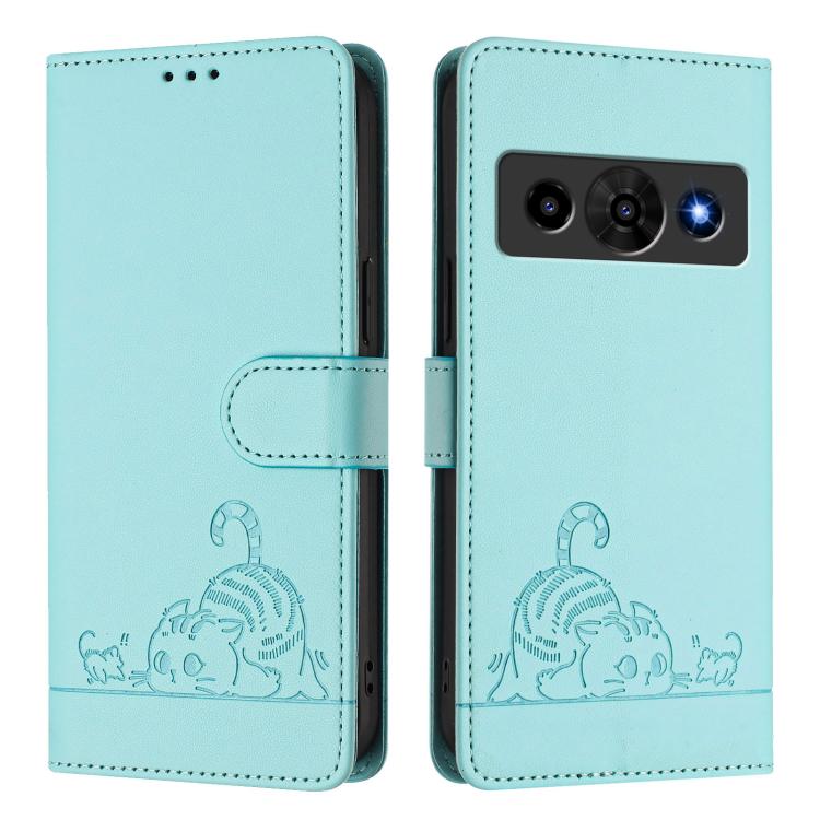 For ZTE Optus X Value 5G Cat Rat Embossed Pattern RFID Leather Phone Case with Lanyard