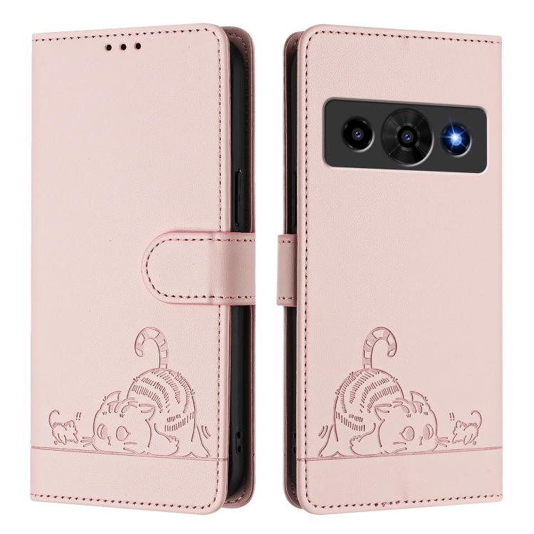 For ZTE Optus X Value 5G Cat Rat Embossed Pattern RFID Leather Phone Case with Lanyard