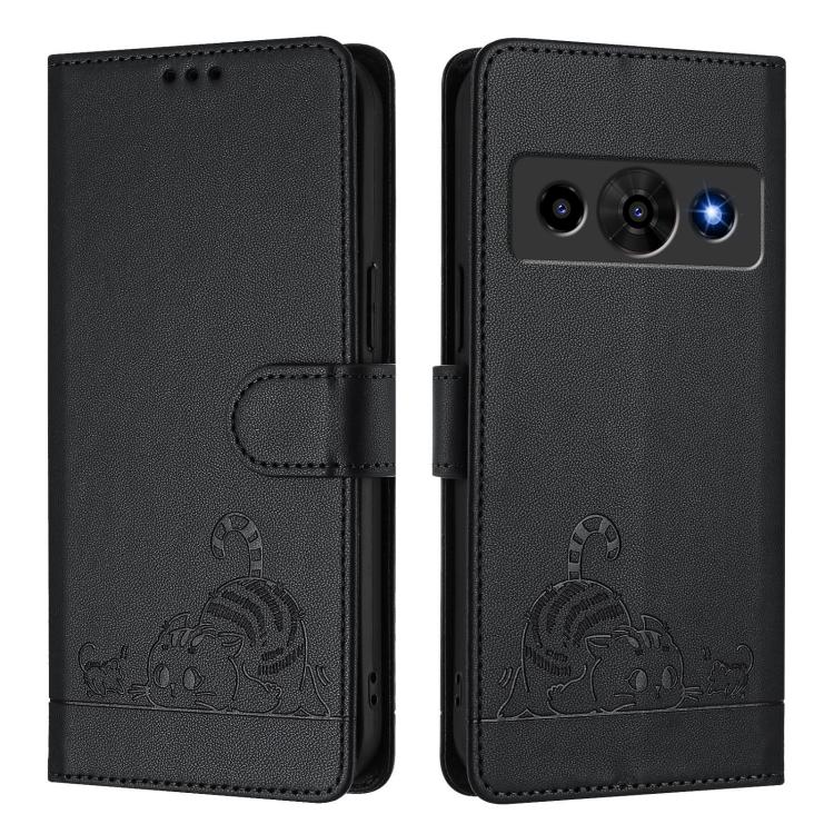 For ZTE Optus X Value 5G Cat Rat Embossed Pattern RFID Leather Phone Case with Lanyard