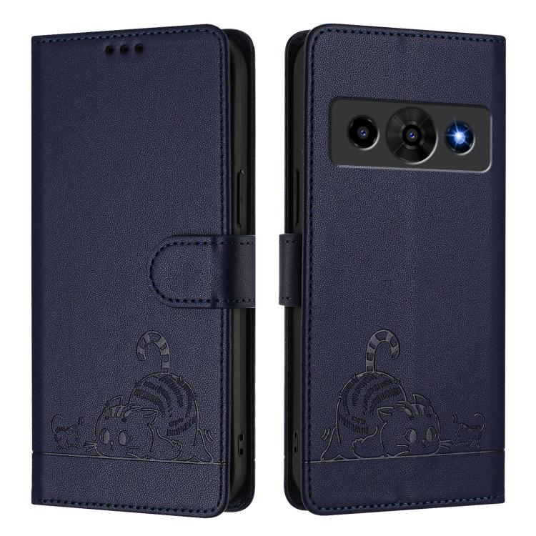 For ZTE Optus X Value 5G Cat Rat Embossed Pattern RFID Leather Phone Case with Lanyard