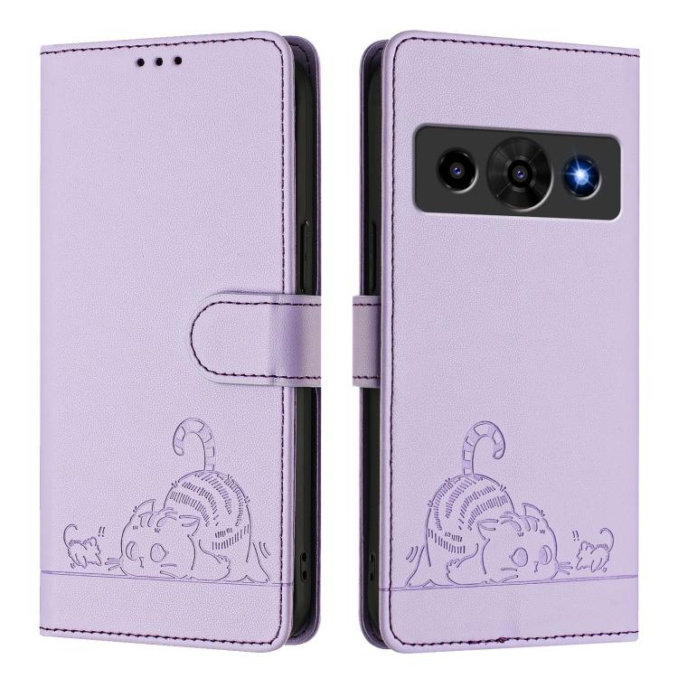 For ZTE Optus X Value 5G Cat Rat Embossed Pattern RFID Leather Phone Case with Lanyard