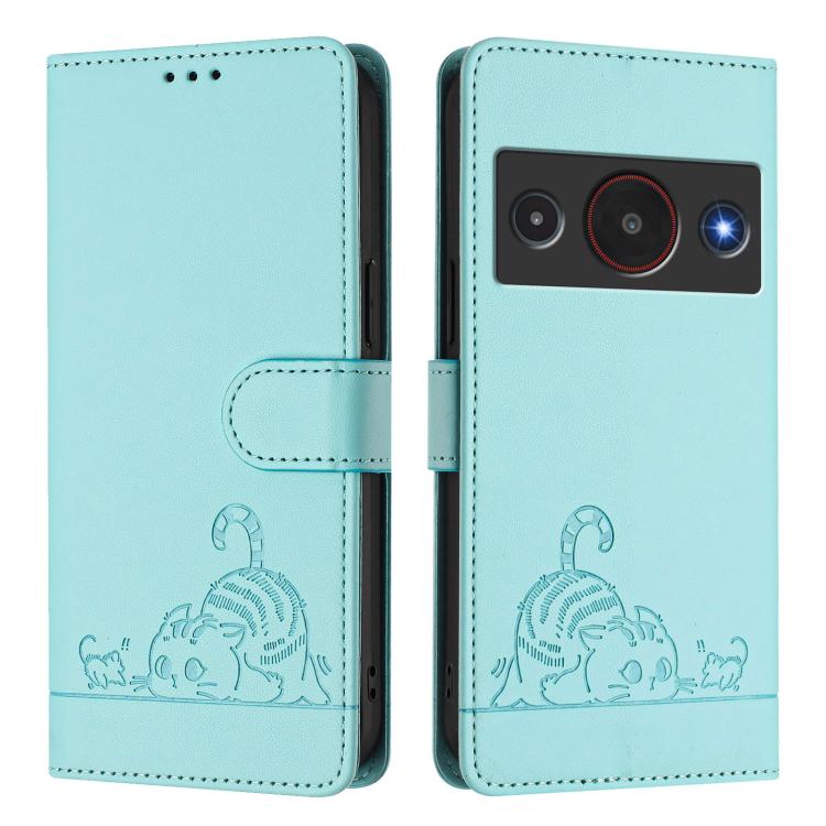 For ZTE Blade A75 Pro 5G Cat Rat Embossed Pattern RFID Leather Phone Case with Lanyard