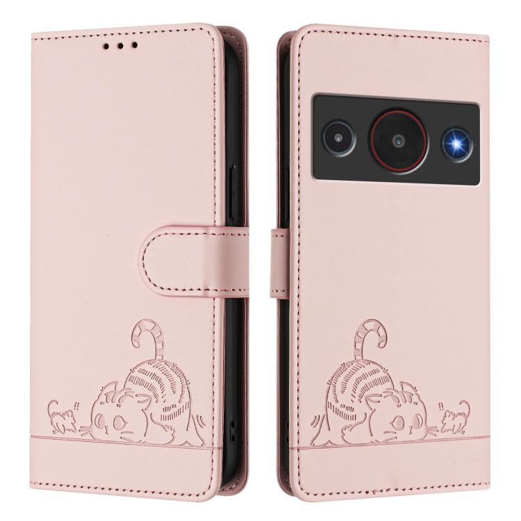 For ZTE Blade A75 Pro 5G Cat Rat Embossed Pattern RFID Leather Phone Case with Lanyard