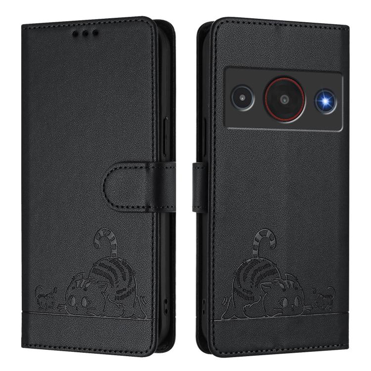 For ZTE Blade A75 Pro 5G Cat Rat Embossed Pattern RFID Leather Phone Case with Lanyard
