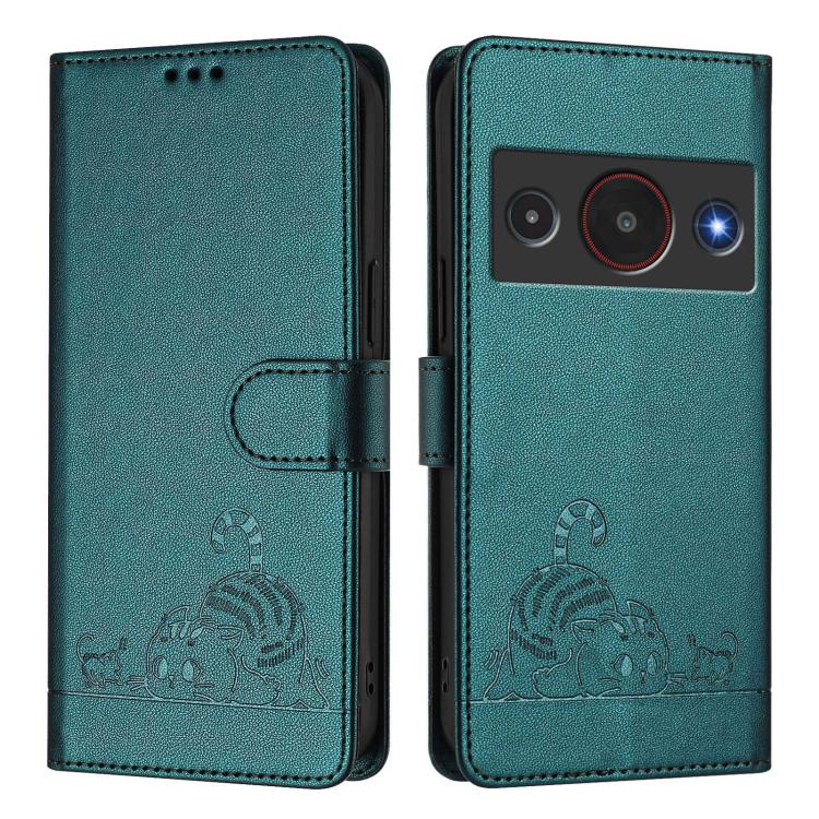 For ZTE Blade A75 Pro 5G Cat Rat Embossed Pattern RFID Leather Phone Case with Lanyard
