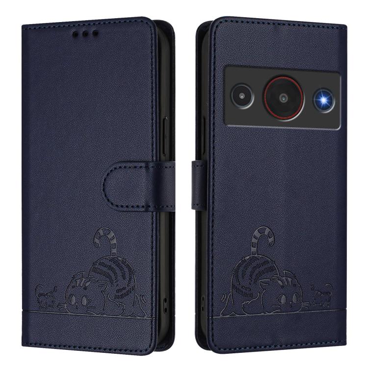 For ZTE Blade A75 Pro 5G Cat Rat Embossed Pattern RFID Leather Phone Case with Lanyard