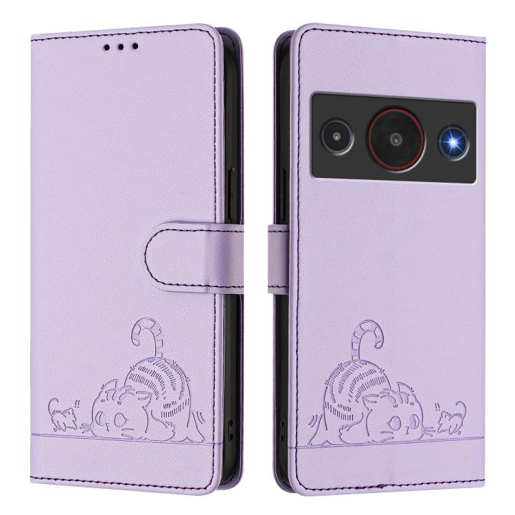 For ZTE Blade A75 Pro 5G Cat Rat Embossed Pattern RFID Leather Phone Case with Lanyard
