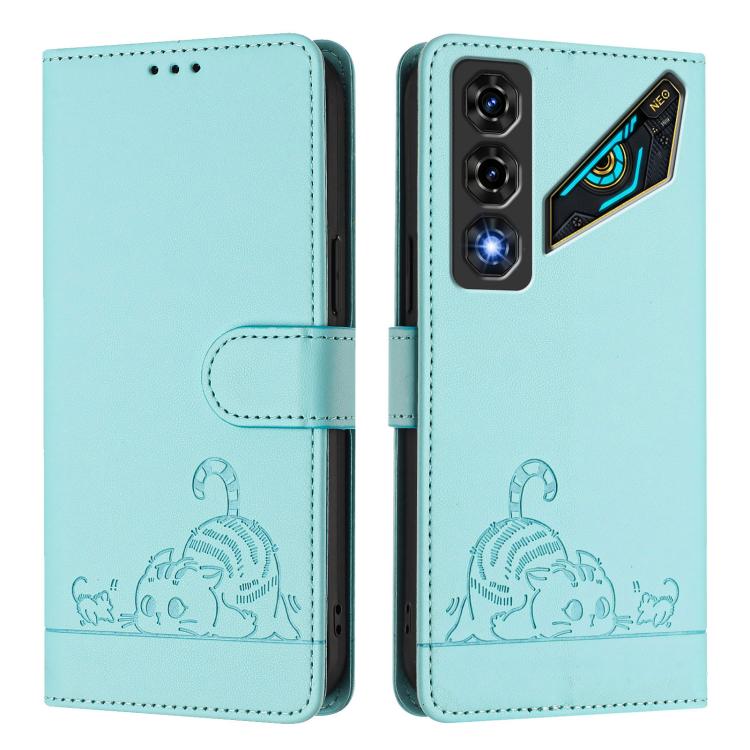 For ZTE nubia Neo 5 5G Cat Rat Embossed Pattern RFID Leather Phone Case with Lanyard