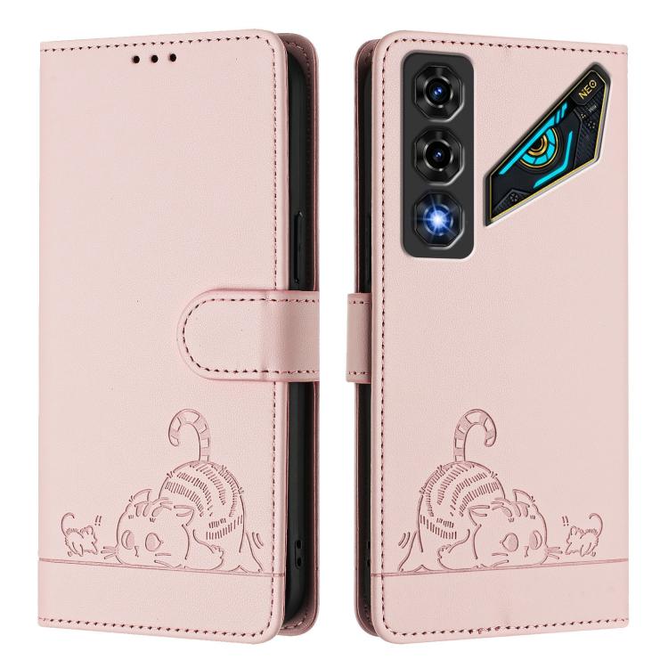 For ZTE nubia Neo 5 5G Cat Rat Embossed Pattern RFID Leather Phone Case with Lanyard